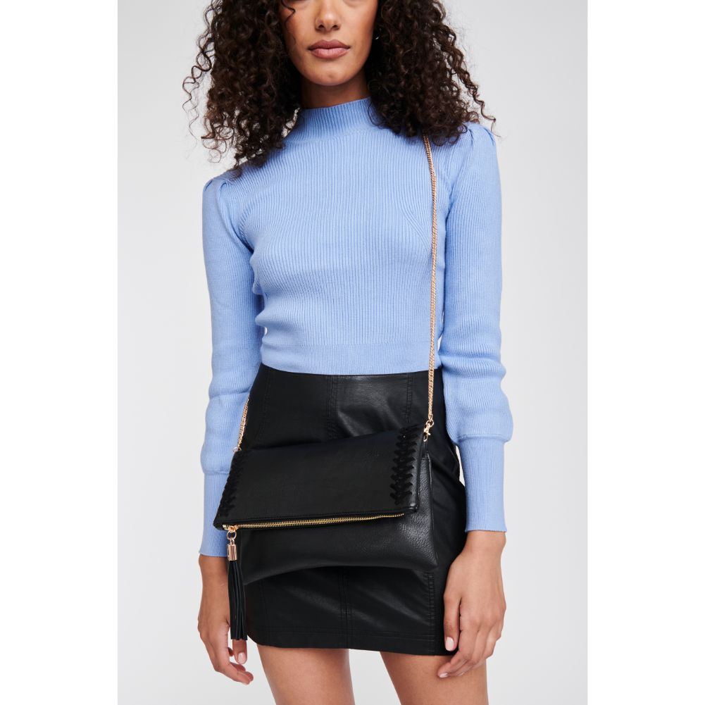 Woman wearing Black Moda Luxe Palermo Clutch 819248014416 View 1 | Black