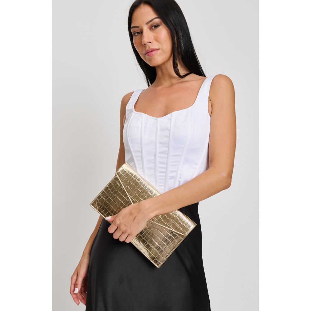 Woman wearing Light Gold Sol and Selene Katniss Clutch 842017133766 View 2 | Light Gold