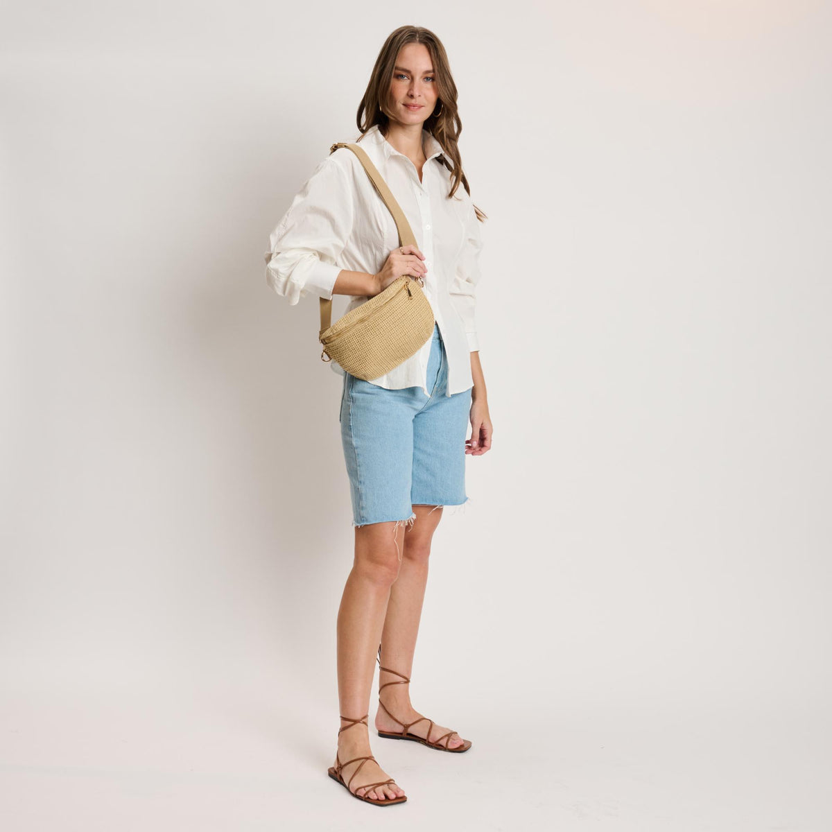 Woman wearing Natural Moda Luxe Gizelle - Large Checker Belt Bag 842017141037 View 3 | Natural