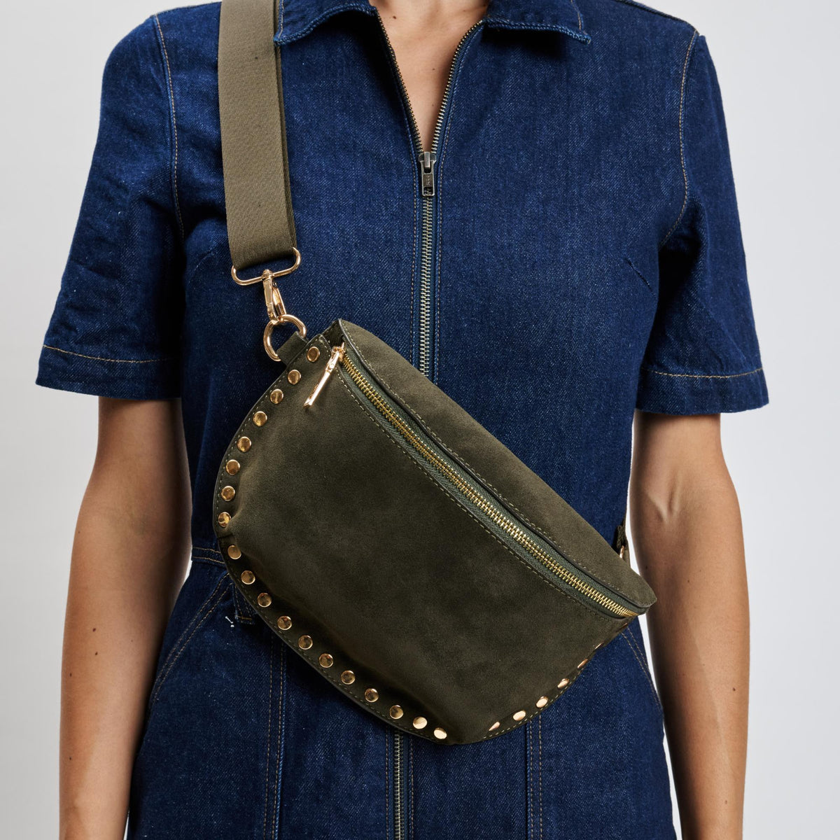 Woman wearing Olive Moda Luxe Gizelle-Suede Belt Bag 842017139690 View 4 | Olive
