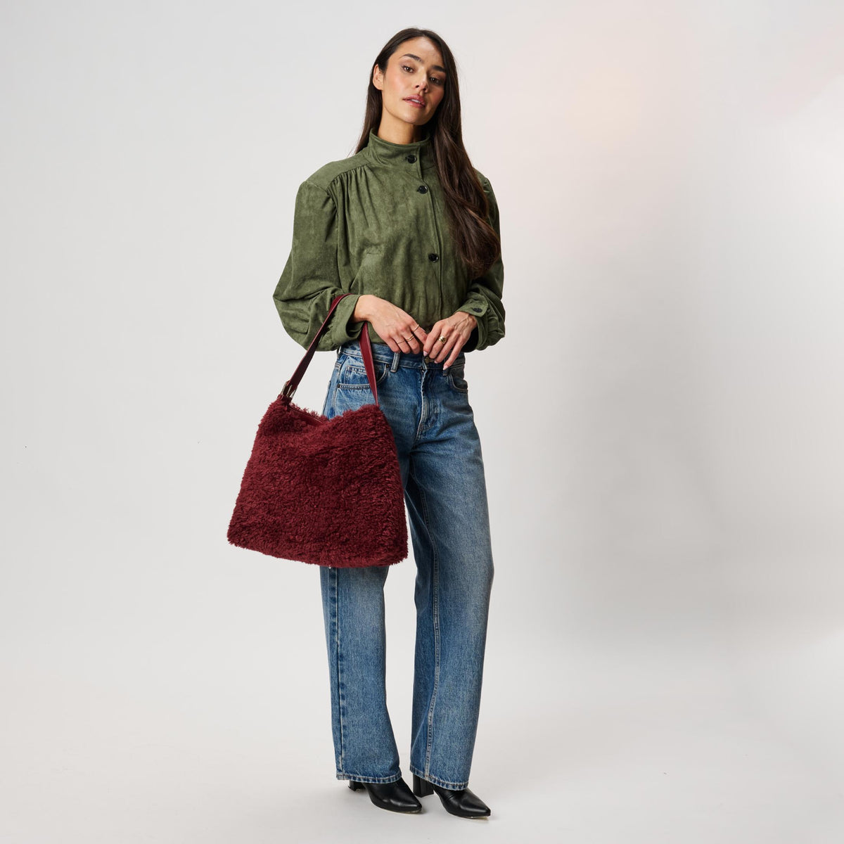 Woman wearing Burgundy Moda Luxe Neve Sherpa Tote 842017142447 View 4 | Burgundy