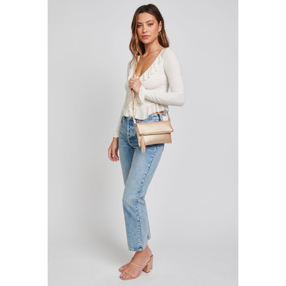 Woman wearing Gold Moda Luxe Kingsley Crossbody 842017121428 View 2 | Gold