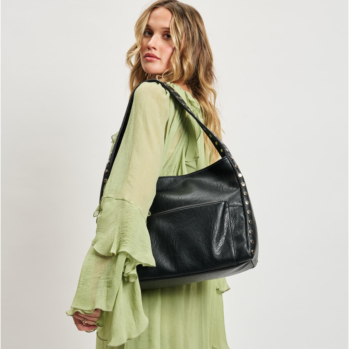Woman wearing Black Sol and Selene Misty Hobo 842017137191 View 2 | Black