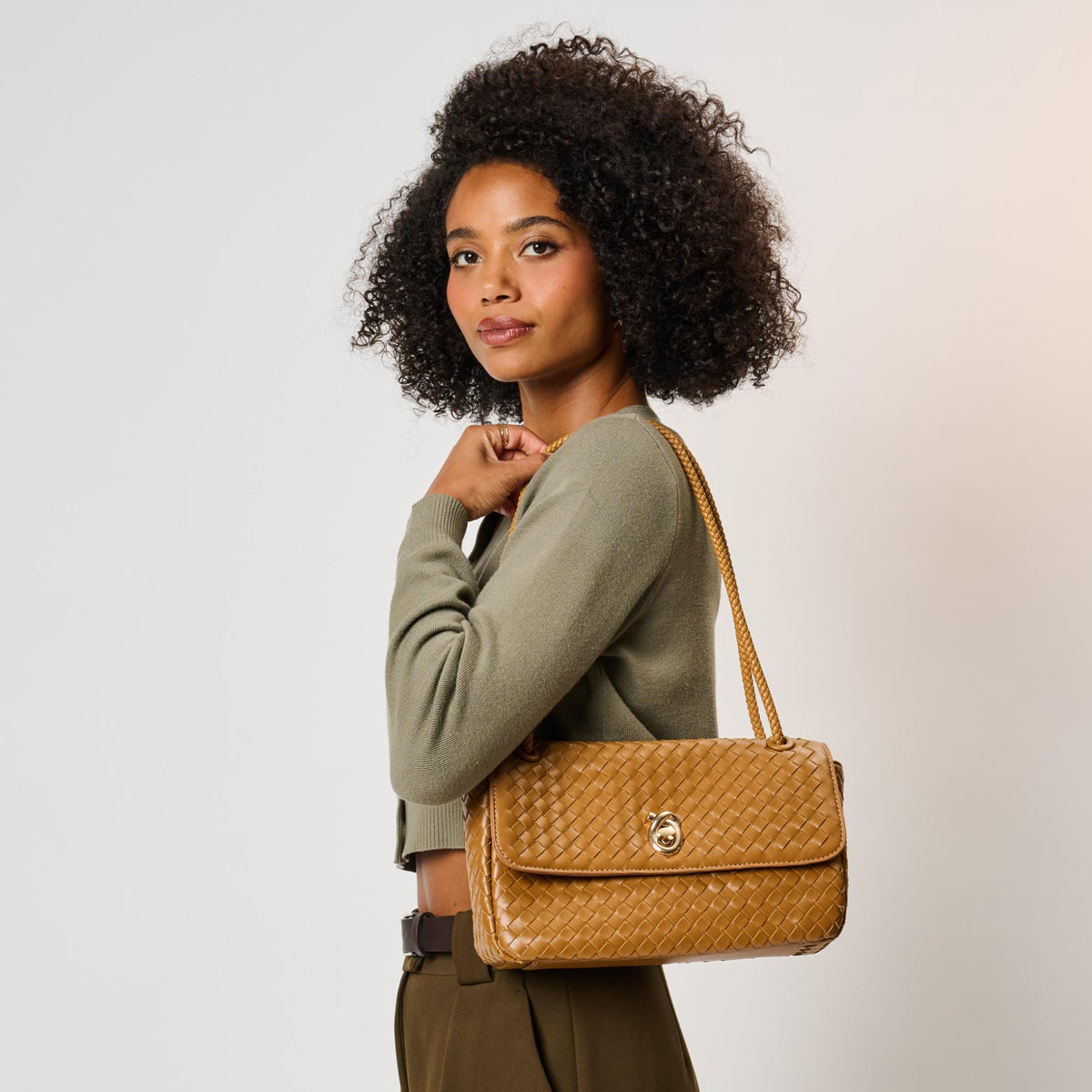 Woman wearing Camel Moda Luxe Annabelle Shoulder Bag 842017143369 View 1 | Camel