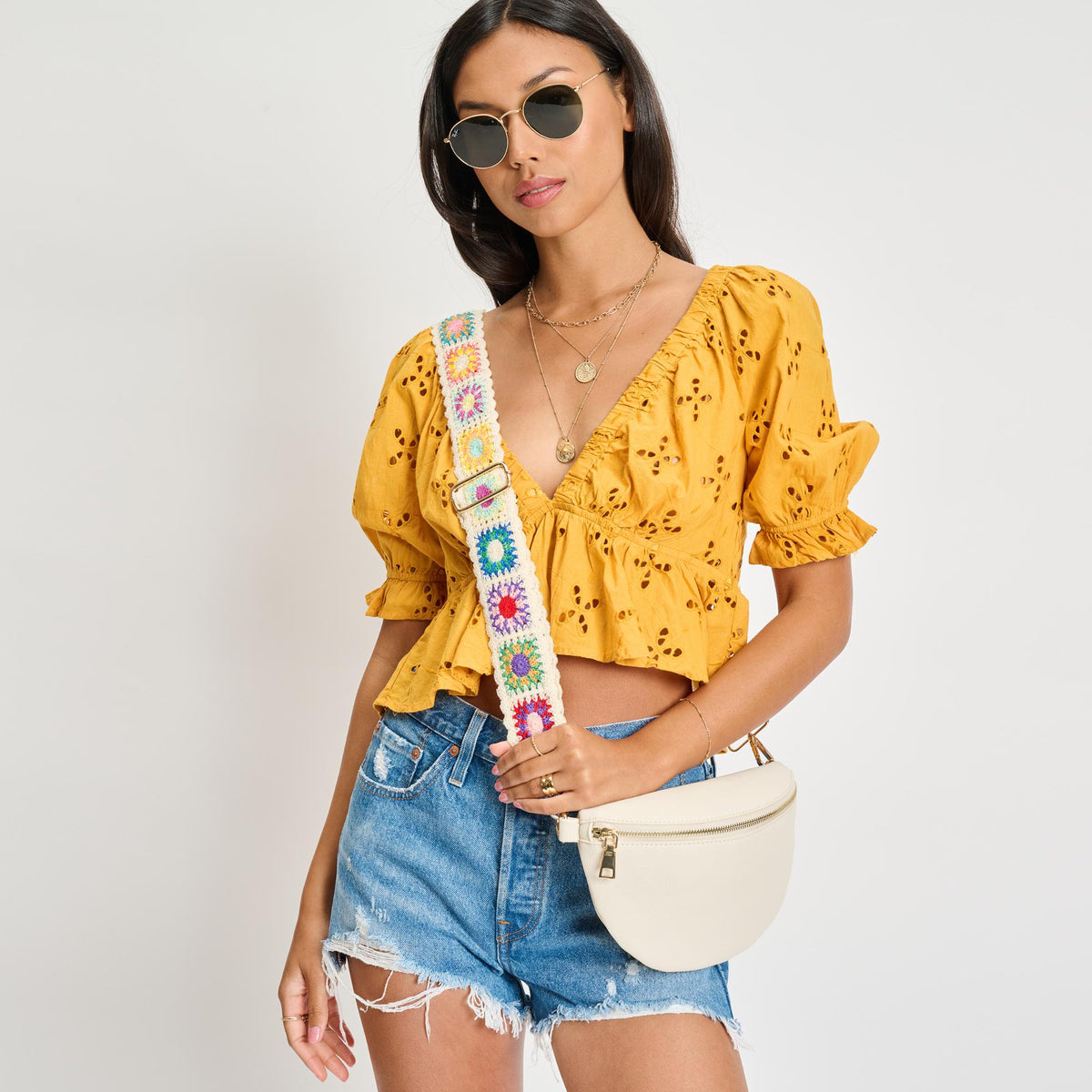 Woman wearing Ivory Moda Luxe Stylette Belt Bag 842017134770 View 1 | Ivory