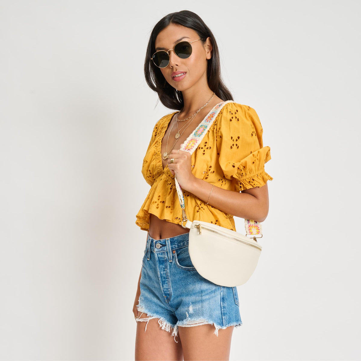 Woman wearing Ivory Moda Luxe Stylette Belt Bag 842017134770 View 2 | Ivory