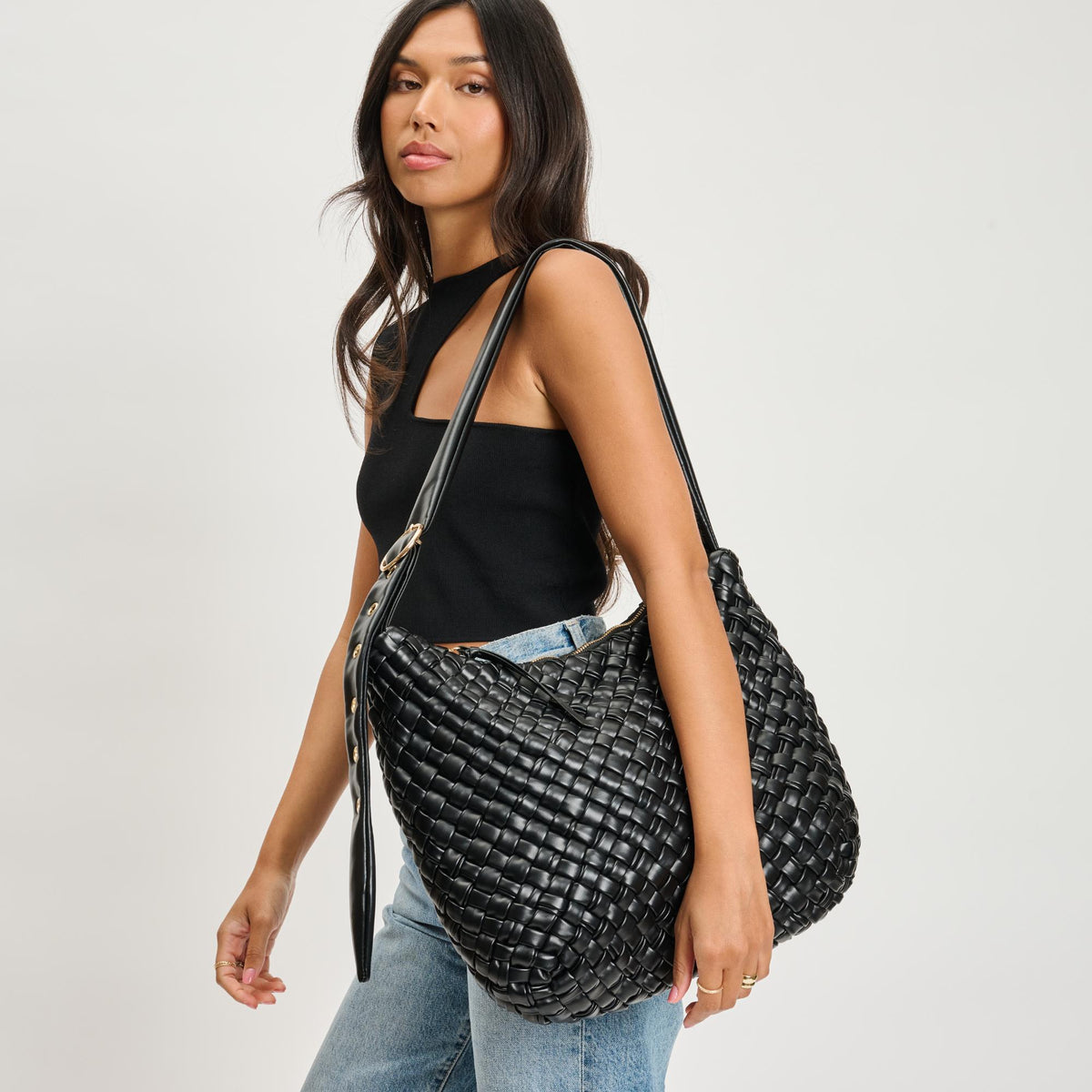 Woman wearing Black Moda Luxe Classica Crossbody 842017135470 View 1 | Black