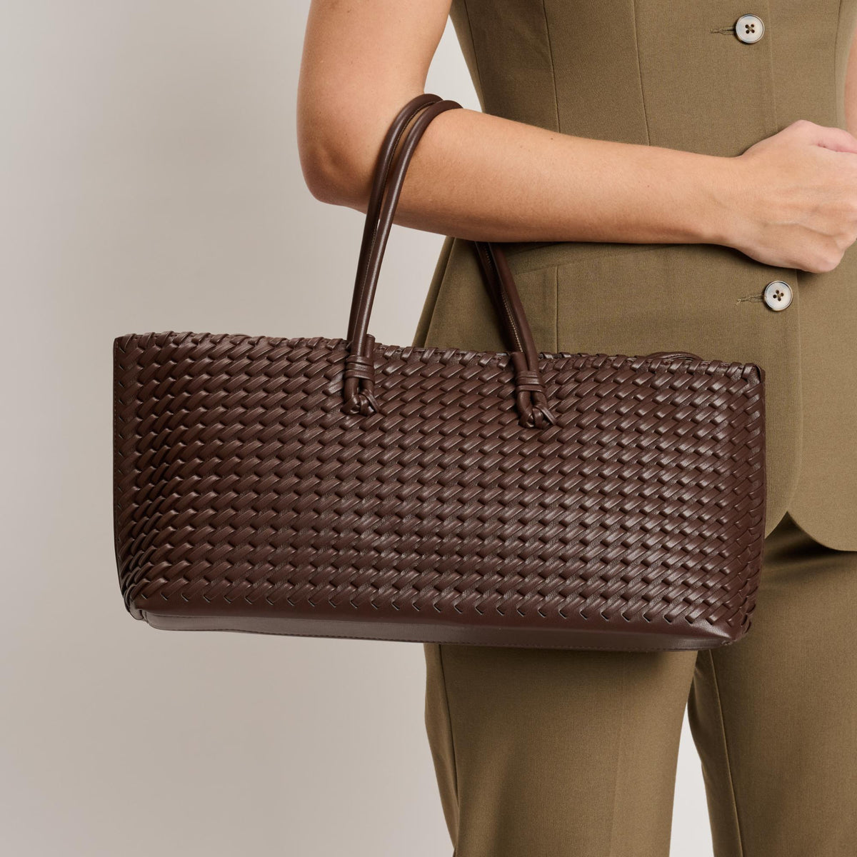 Woman wearing Chocolate Moda Luxe Nola Tote 842017140863 View 4 | Chocolate