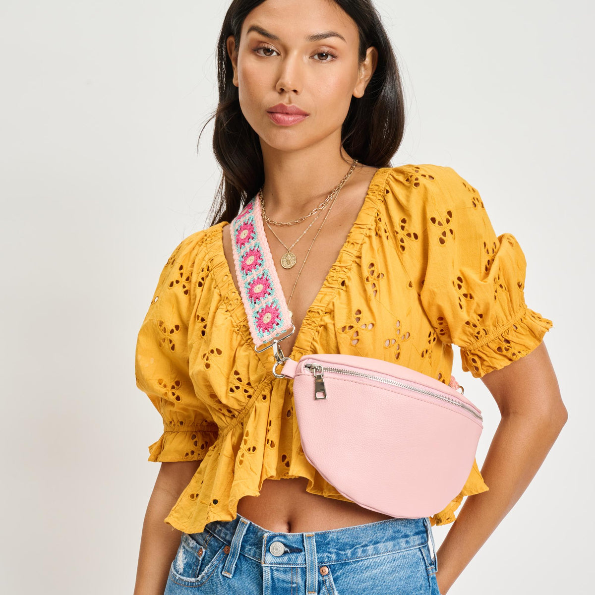 Woman wearing Rose Sol and Selene Stylette Belt Bag 842017134800 View 1 | Rose