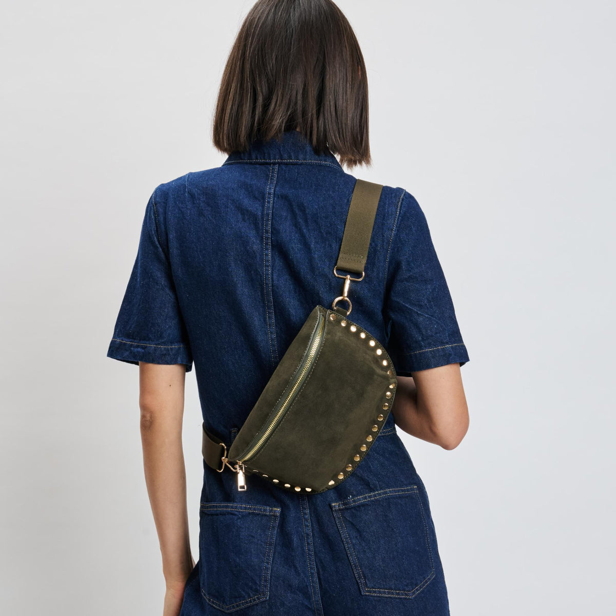 Woman wearing Olive Moda Luxe Gizelle-Suede Belt Bag 842017139690 View 2 | Olive