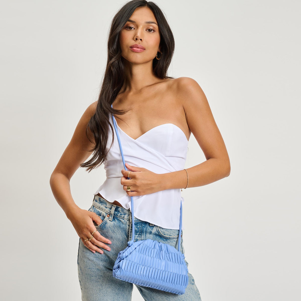 Woman wearing Periwinkle Sol and Selene Divaire Crossbody 842017135531 View 1 | Periwinkle
