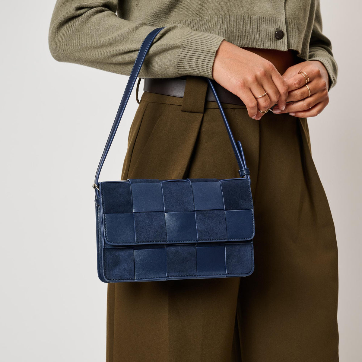 Woman wearing Navy Moda Luxe Tanya Crossbody 842017142935 View 1 | Navy