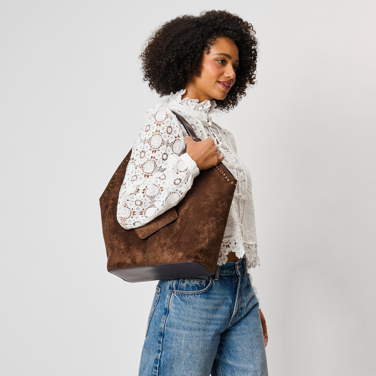 Woman wearing Chocolate Moda Luxe Miranda Tote 842017142942 View 1 | Chocolate