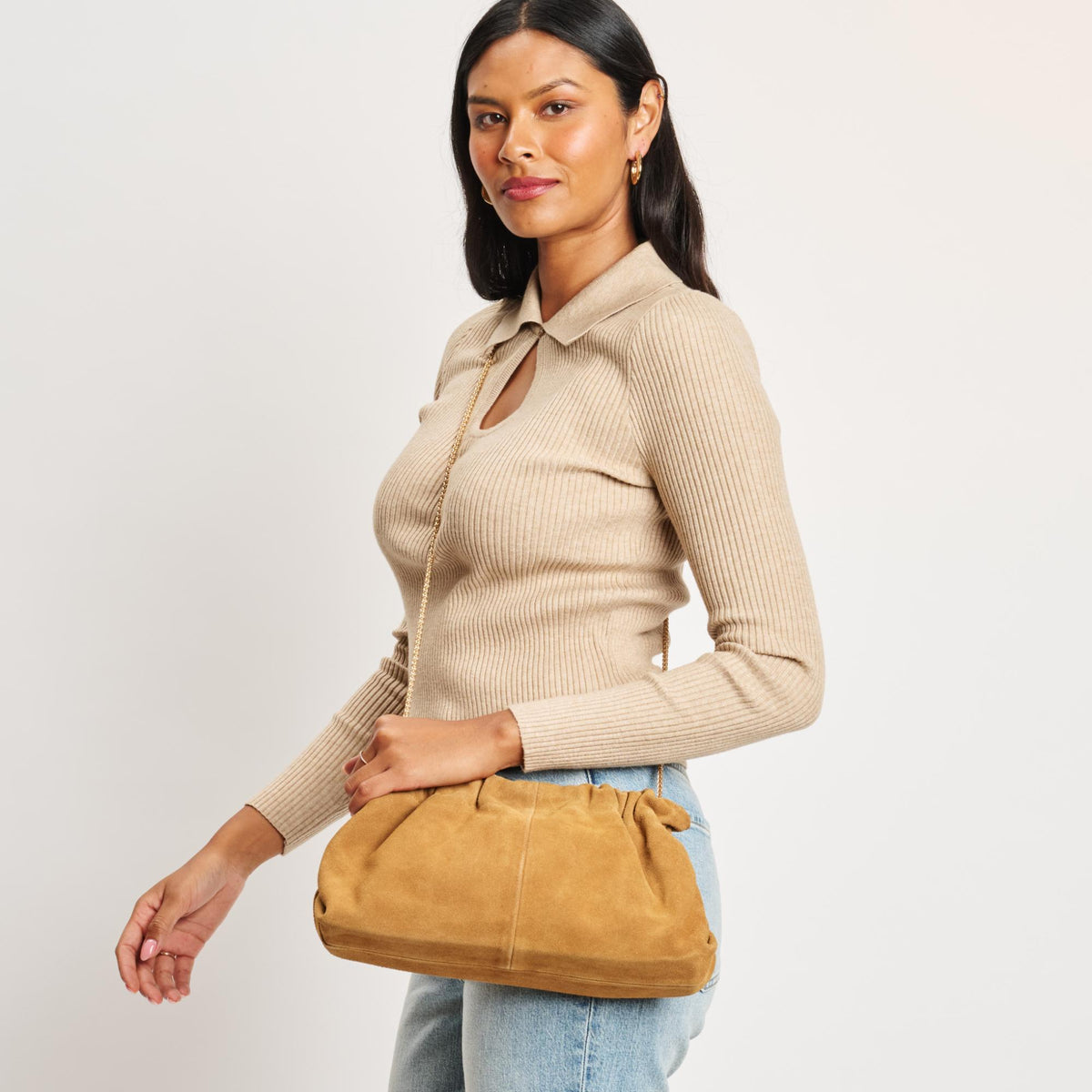 Woman wearing Tan Moda Luxe Penelope Shoulder Bag 842017139140 View 2 | Tan