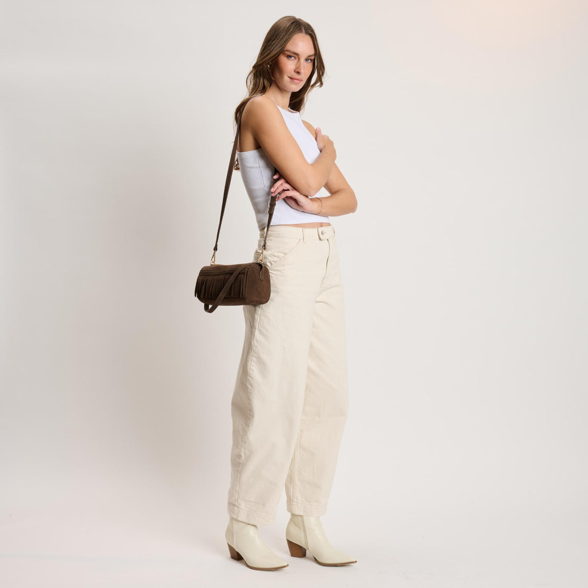 Woman wearing Chocolate Moda Luxe Emmi Shoulder Bag 842017140450 View 3 | Chocolate