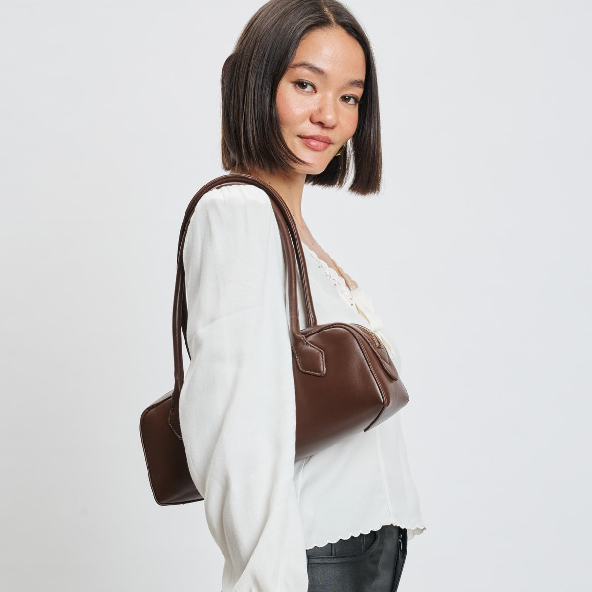 Woman wearing Espresso Moda Luxe Betty Shoulder Bag 842017139430 View 2 | Espresso