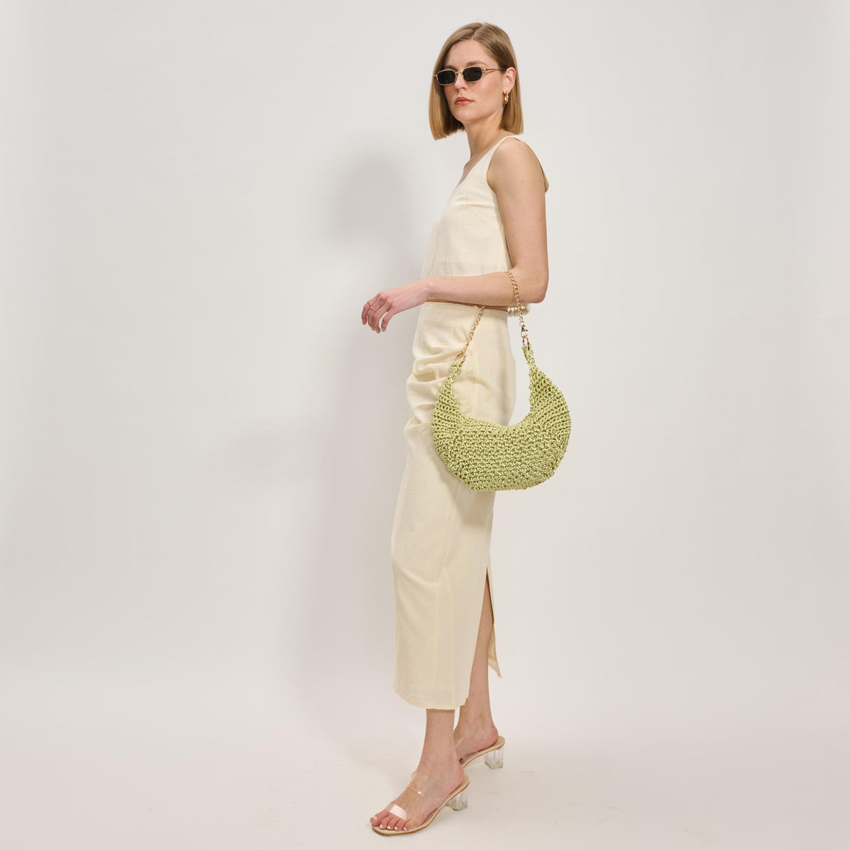 Woman wearing Sage Moda Luxe Soraya Shoulder Bag 842017137924 View 3 | Sage