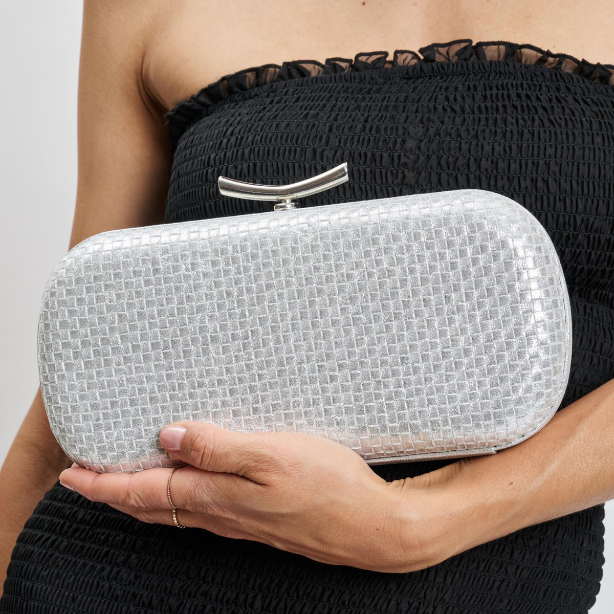 Woman wearing Silver Moda Luxe Victoria Evening Bag 842017139454 View 4 | Silver