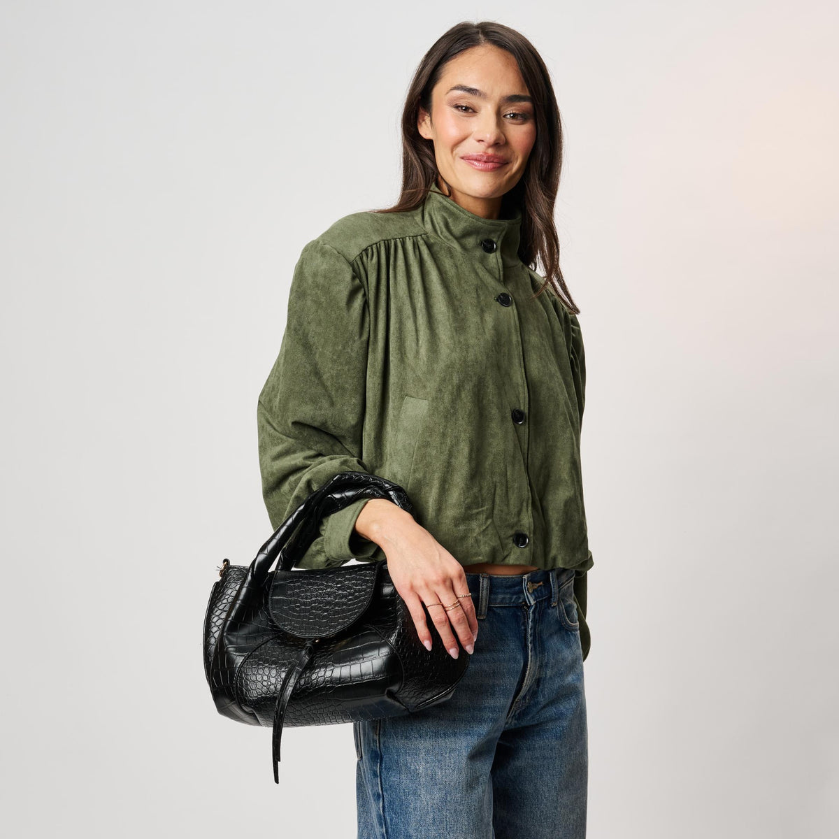 Woman wearing Black Moda Luxe Amaya Satchel 842017142546 View 2 | Black
