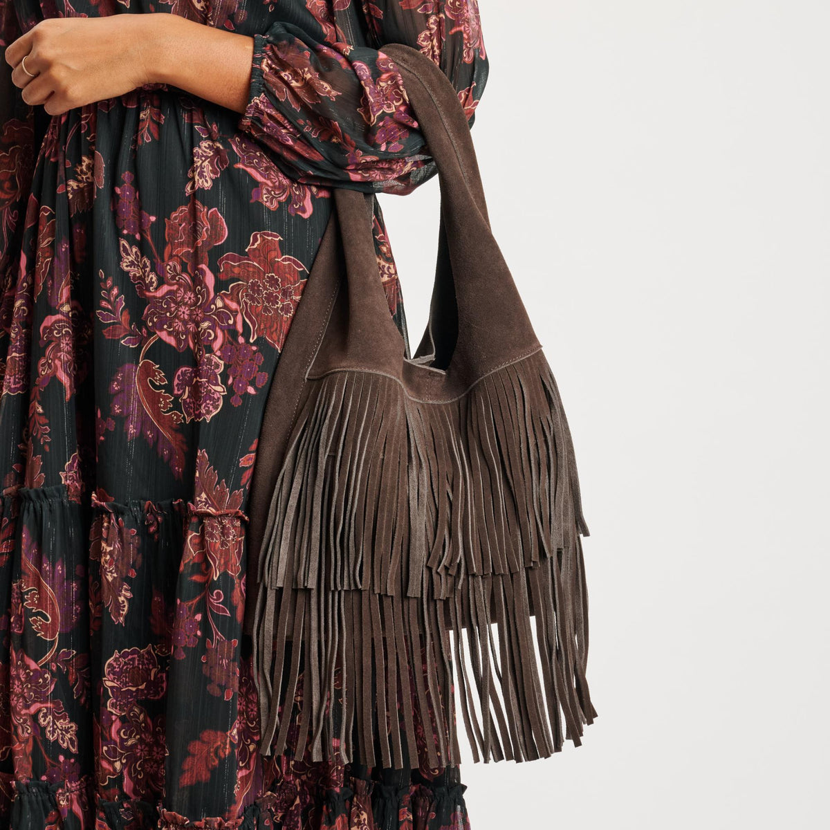 Woman wearing Chocolate Moda Luxe Hope Hobo 842017139096 View 1 | Chocolate