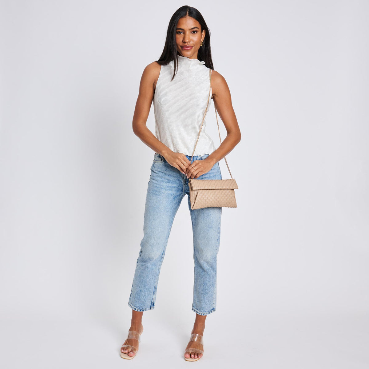 Woman wearing Nude Moda Luxe Priscilla Clutch 842017136576 View 3 | Nude