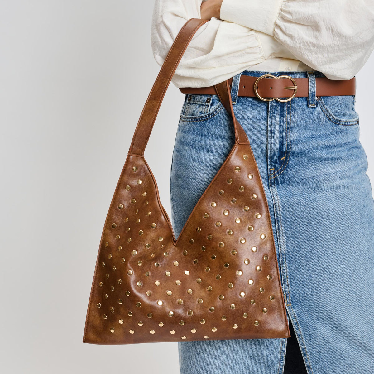 Woman wearing Chocolate Moda Luxe Tori Hobo 842017135968 View 1 | Chocolate