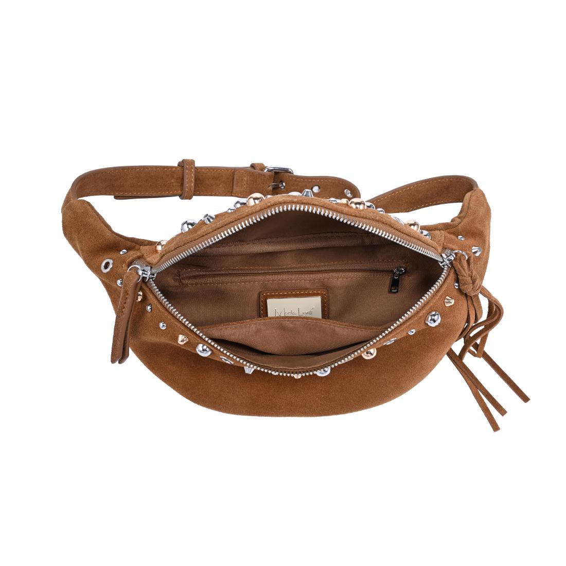 Woman wearing Cognac Moda Luxe Star Belt Bag 842017140597 View 9 | Cognac