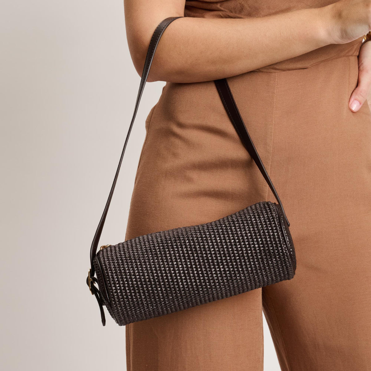 Woman wearing Chocolate Moda Luxe Mila - Straw Shoulder Bag 842017140689 View 3 | Chocolate