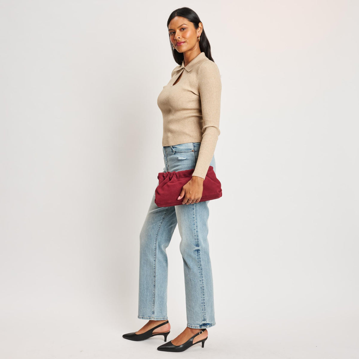 Woman wearing Wine Moda Luxe Penelope Shoulder Bag 842017139133 View 3 | Wine