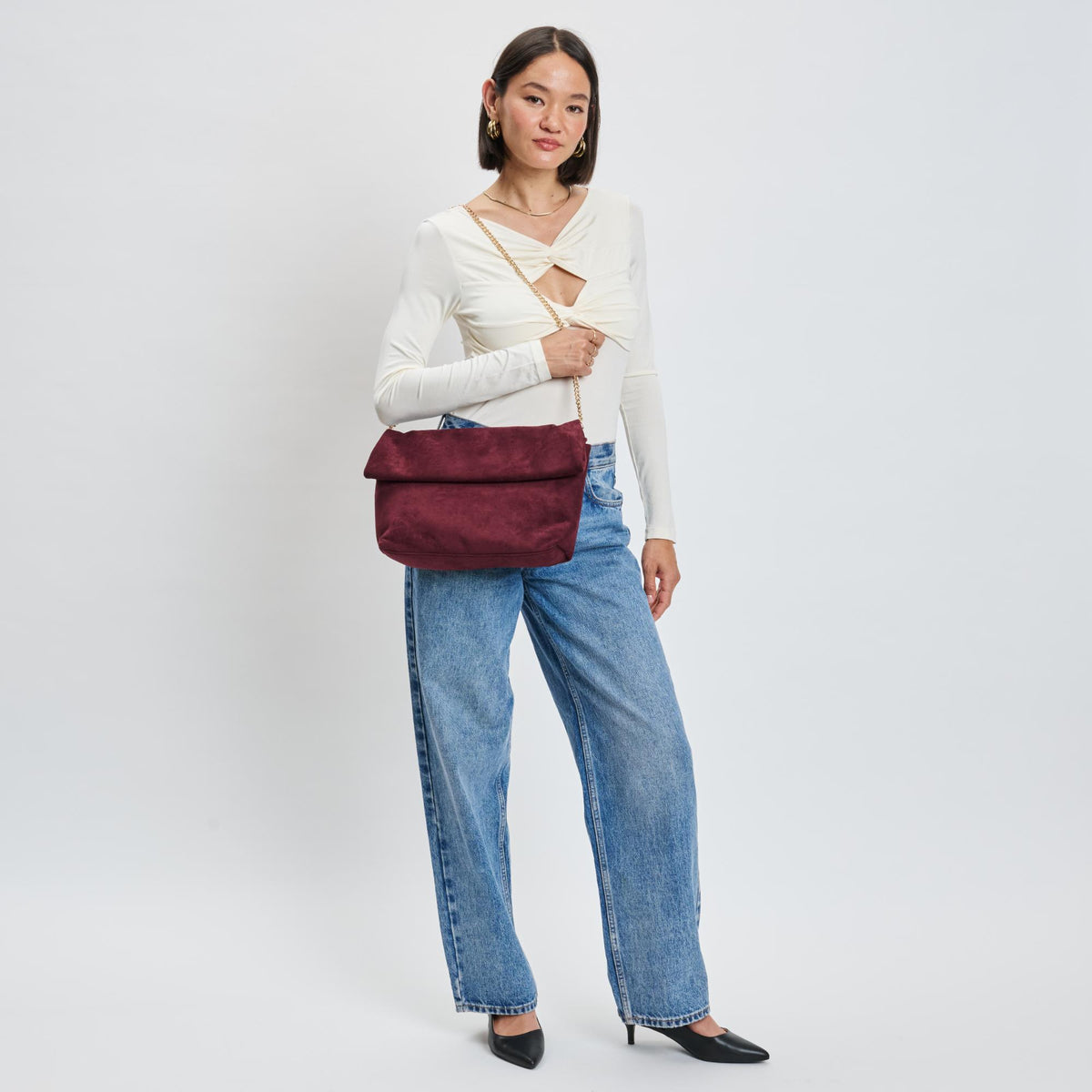 Woman wearing Wine Sol and Selene Zarae Crossbody 842017140009 View 2 | Wine