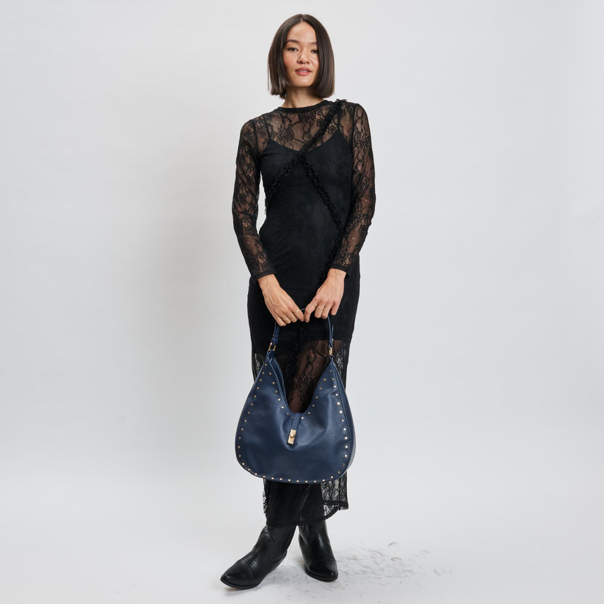 Woman wearing Midnight Sol and Selene Oliva Hobo 842017139386 View 3 | Midnight