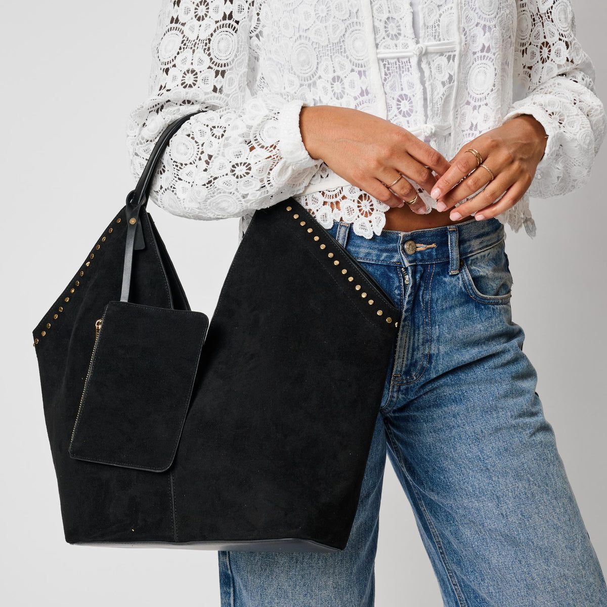 Woman wearing Black Moda Luxe Miranda Tote 842017142959 View 2 | Black