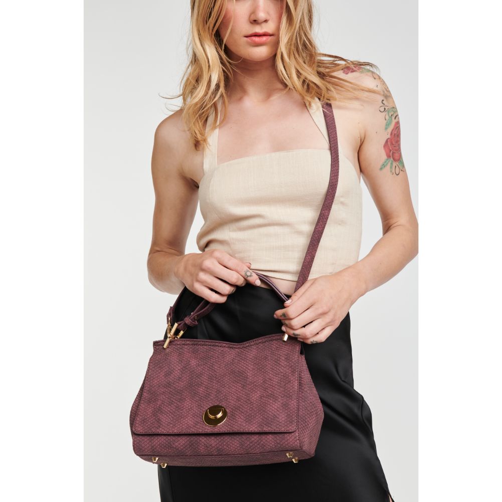 Woman wearing Oxblood Moda Luxe Camila Snake Satchel 842017121633 View 1 | Oxblood