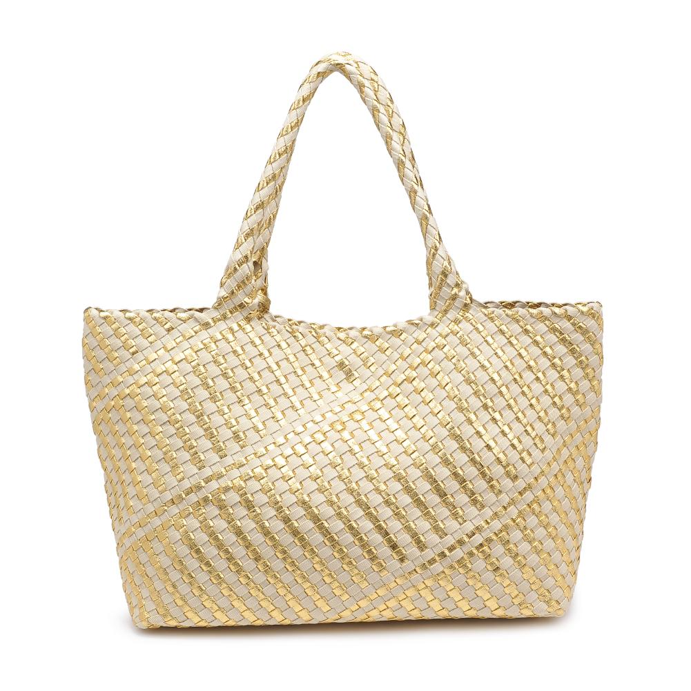 Woman wearing Gold Ivory Moda Luxe Solana - Mixed Material Tote 842017136873 View 7 | Gold Ivory