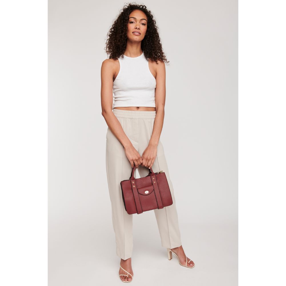 Woman wearing Burgundy Moda Luxe Rockefeller Satchel 842017115564 View 3 | Burgundy