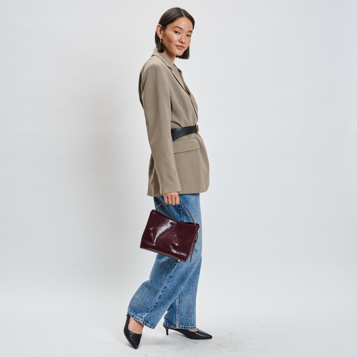 Woman wearing Burgundy Sol and Selene Sophie Crossbody 842017139485 View 2 | Burgundy
