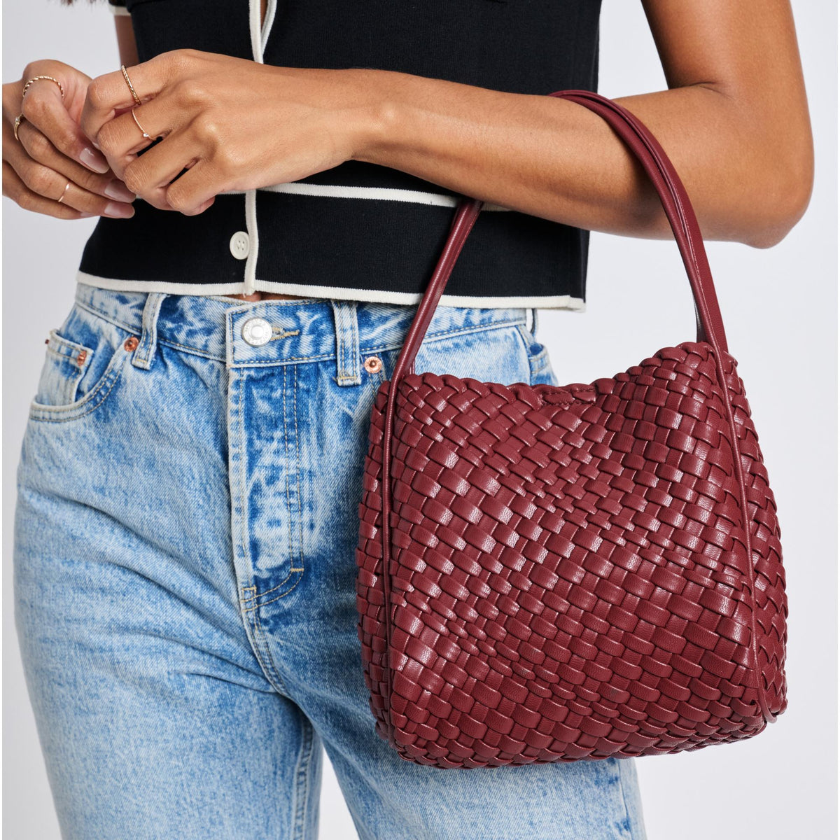 Woman wearing Burgundy Moda Luxe Roxy Crossbody 842017136279 View 4 | Burgundy