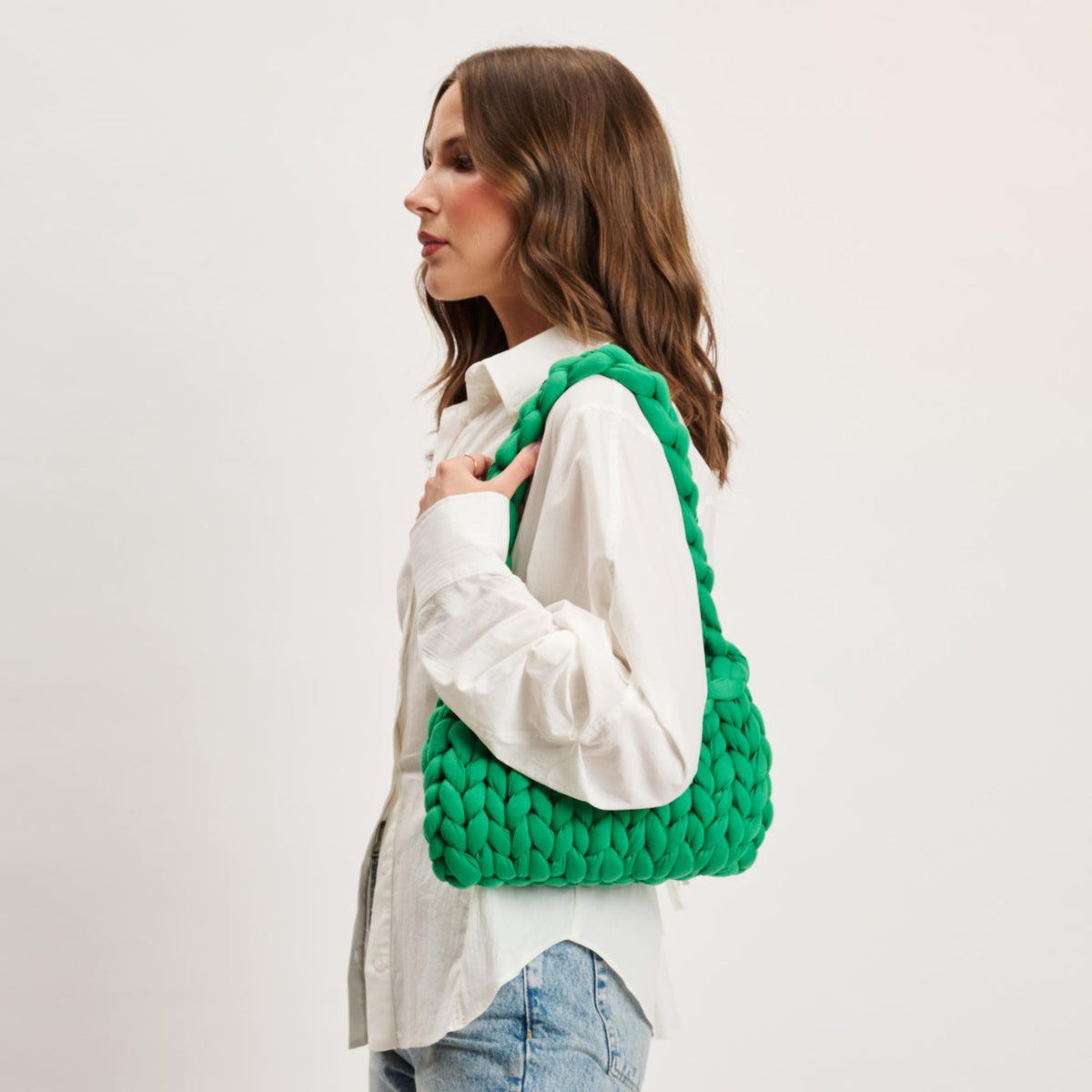 Woman wearing Kelly Green Moda Luxe Trendelle Hobo 842017134954 View 3 | Kelly Green