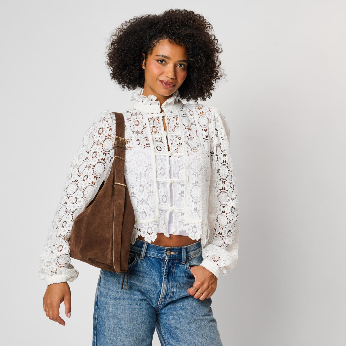 Woman wearing Chocolate Moda Luxe Kelsea Satchel 842017142393 View 2 | Chocolate