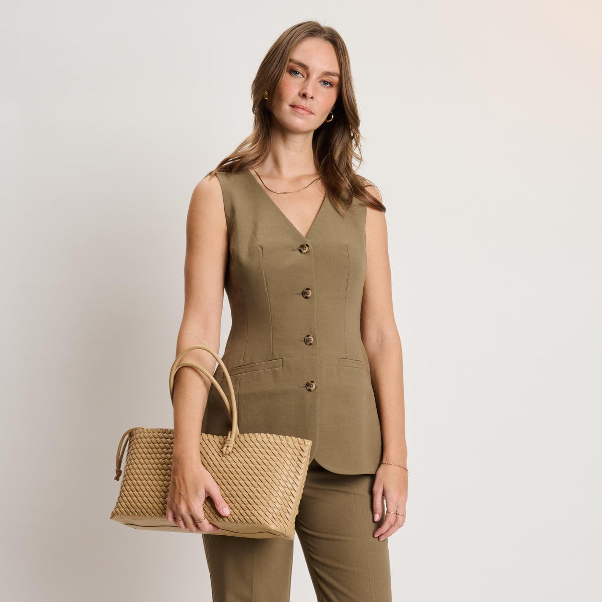 Woman wearing Natural Moda Luxe Nola Tote 842017140870 View 4 | Natural