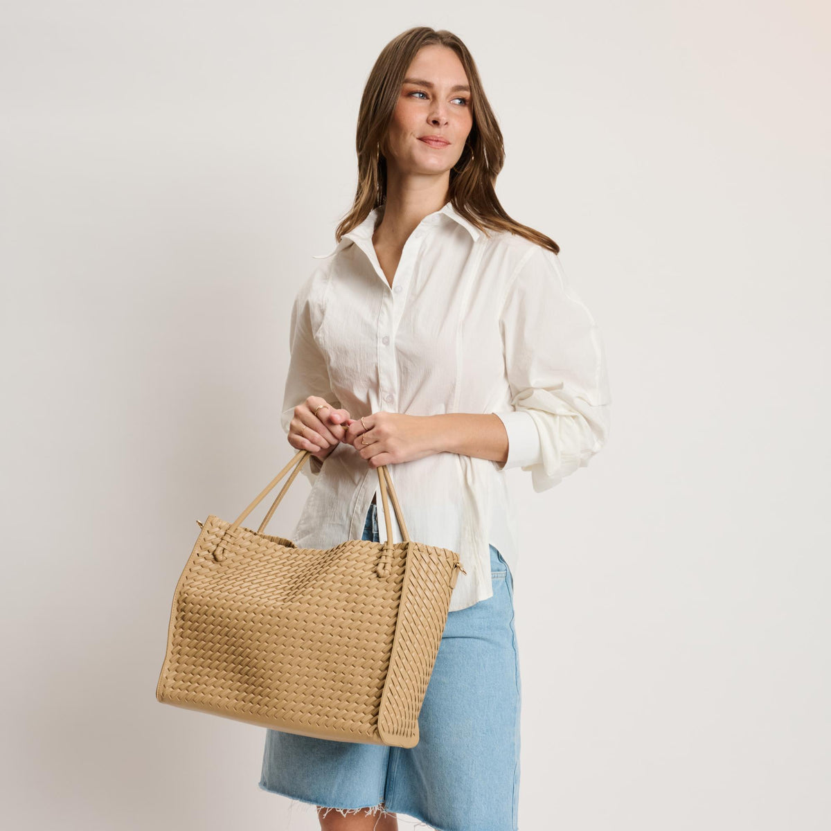 Woman wearing Natural Moda Luxe Jackie Tote 842017140832 View 3 | Natural