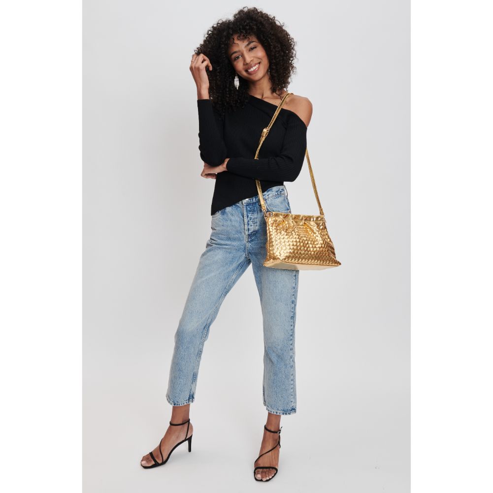 Woman wearing Gold Moda Luxe Katana Crossbody 842017132530 View 3 | Gold