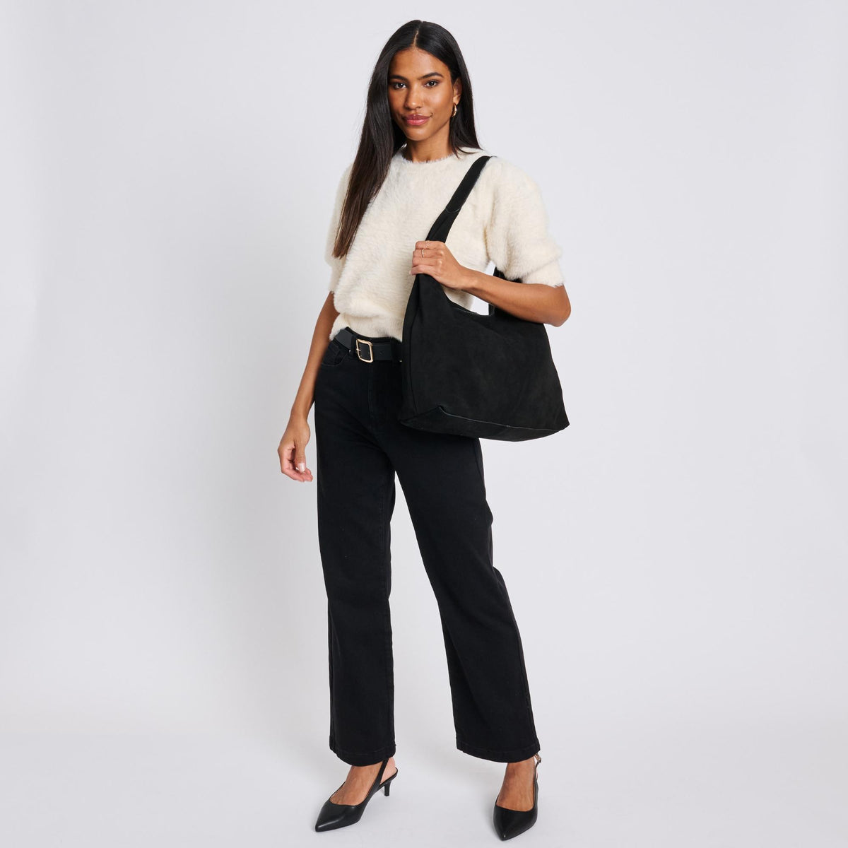 Woman wearing Black Moda Luxe Amber Hobo 842017137030 View 3 | Black