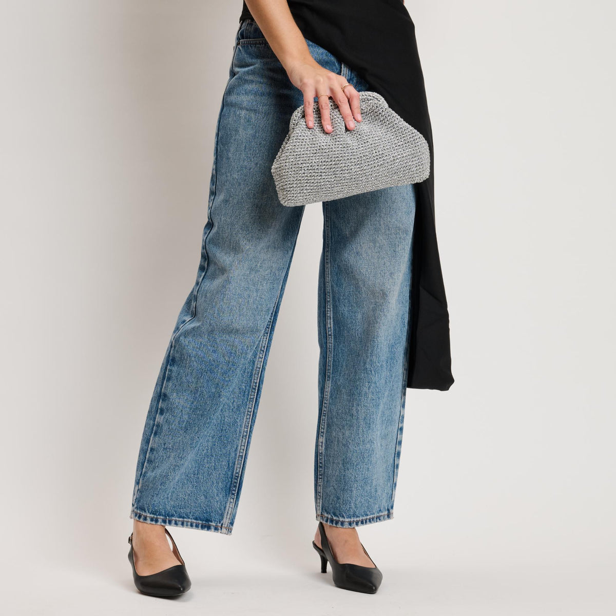 Woman wearing Silver Moda Luxe Amelia Clutch 842017140993 View 3 | Silver