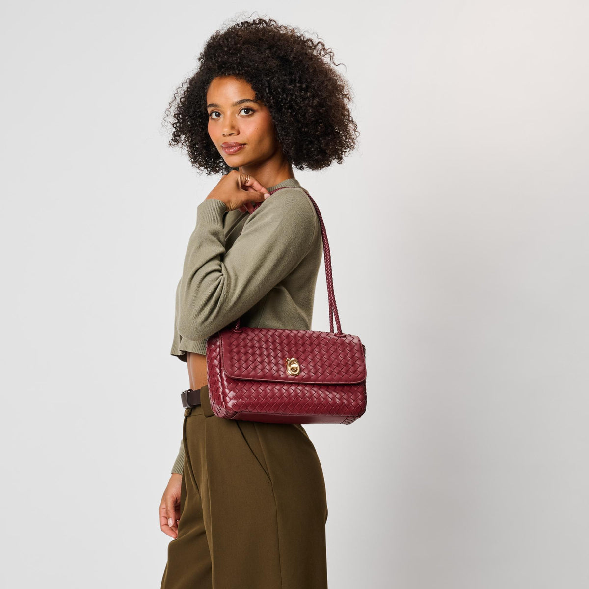 Woman wearing Burgundy Moda Luxe Annabelle Shoulder Bag 842017143376 View 2 | Burgundy