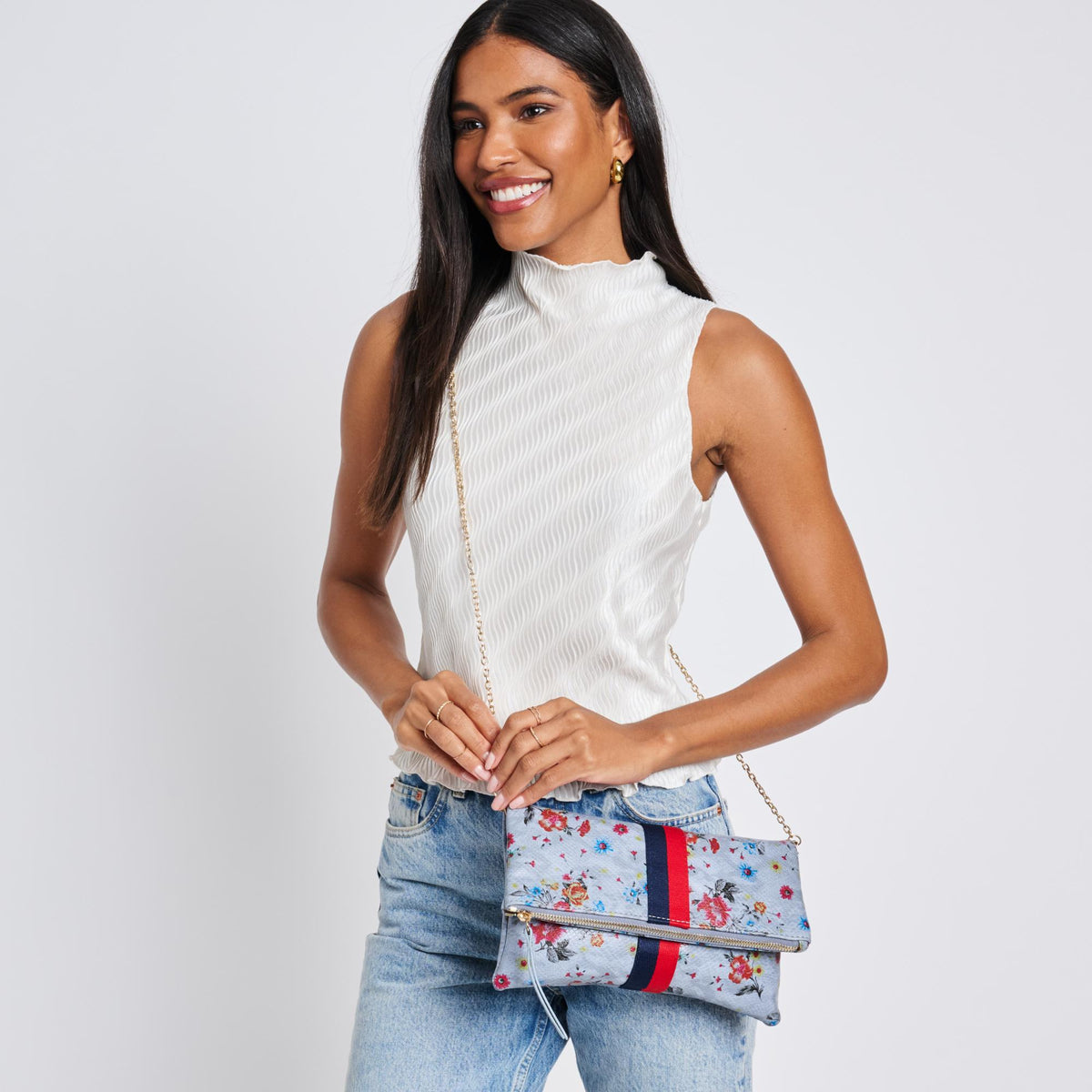 Woman wearing Blue Sol and Selene Jules Print Clutch 842017119432 View 3 | Blue