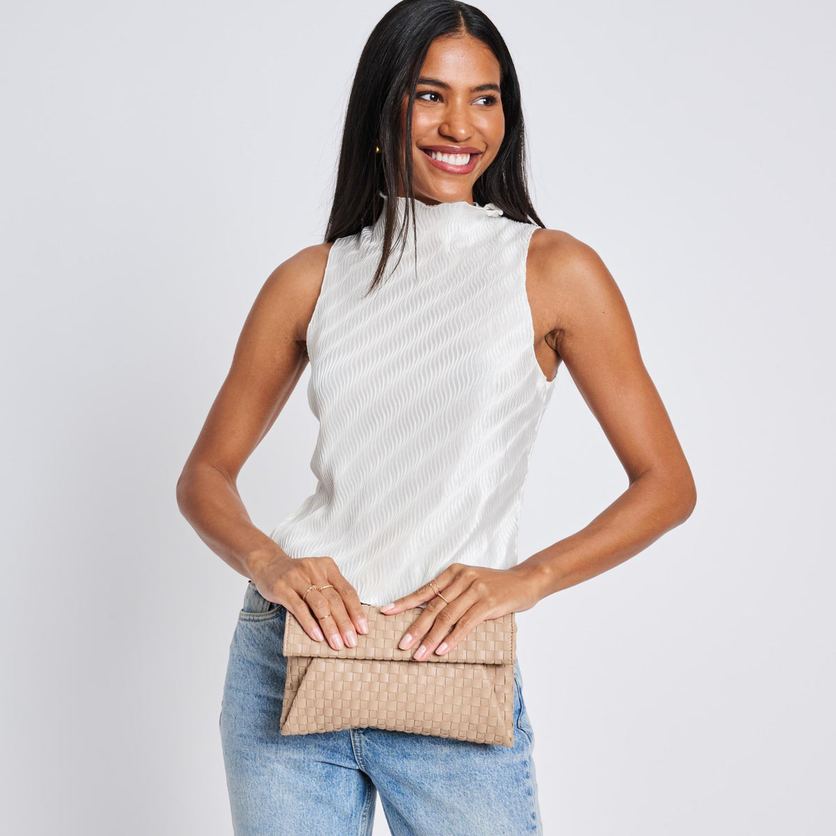Woman wearing Nude Moda Luxe Priscilla Clutch 842017136576 View 4 | Nude