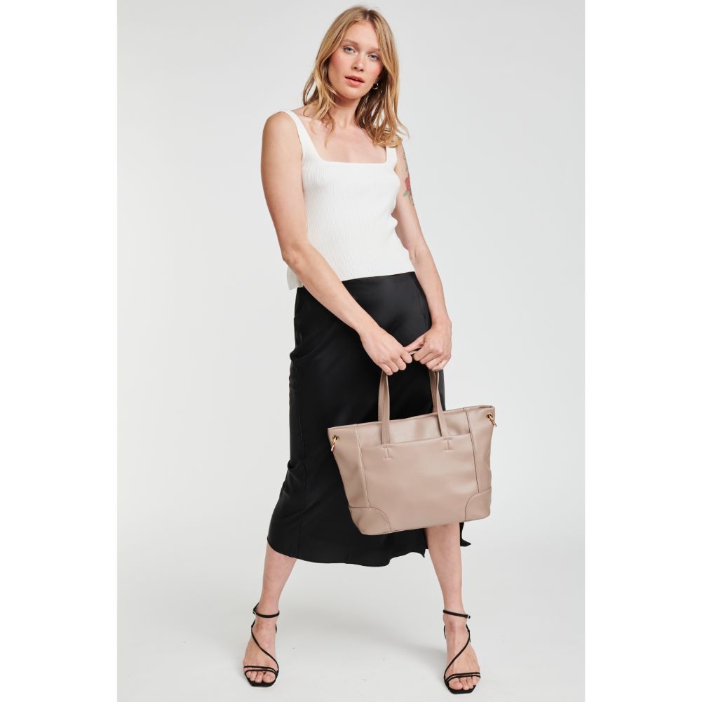 Woman wearing Mushroom Moda Luxe Becka Tote 842017126560 View 3 | Mushroom