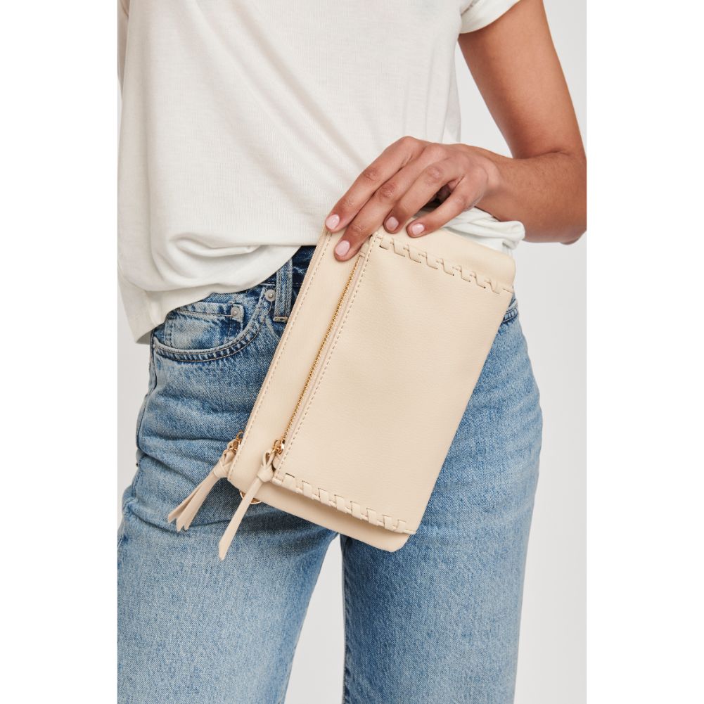 Woman wearing Oatmilk Moda Luxe Kenzie Crossbody 842017127321 View 2 | Oatmilk