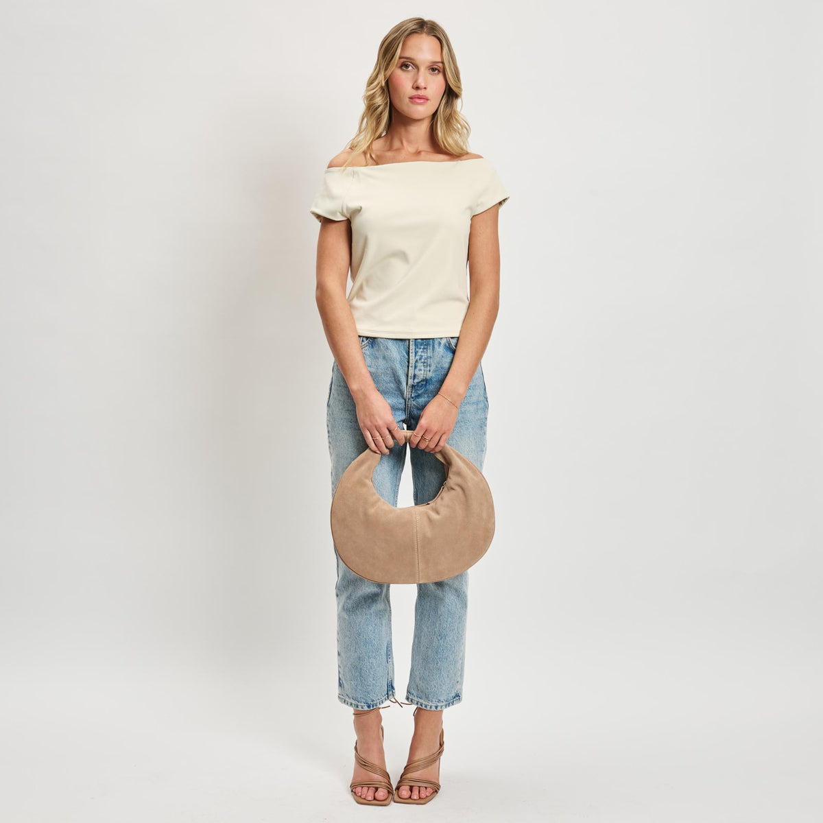 Woman wearing Natural Moda Luxe Farrah - Suede Hobo 842017138624 View 4 | Natural